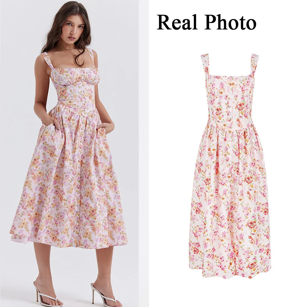 Summer Elegant Midi Dress Casual Pink Button Floral Print Holiday Party Long Dresses for Women New In Dresses