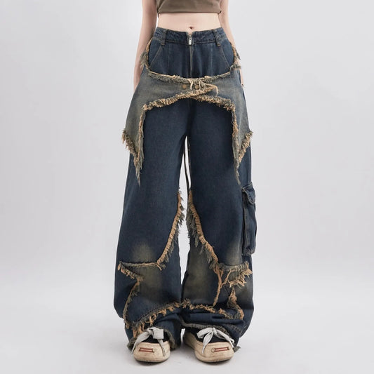maoxiangshopY2K Vintage Women Denim Jeans Korean Streetwear Oversize Star Aesthetic Straight Trousers Wide Leg Jeans Grunge Pants Clothes