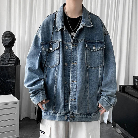 maoxiangshop Men's Clothing New Baggy Denim Jacket Solid Color Casual Korean Fashion Harajuku Oversized Blue Streetwear Male Button Coat