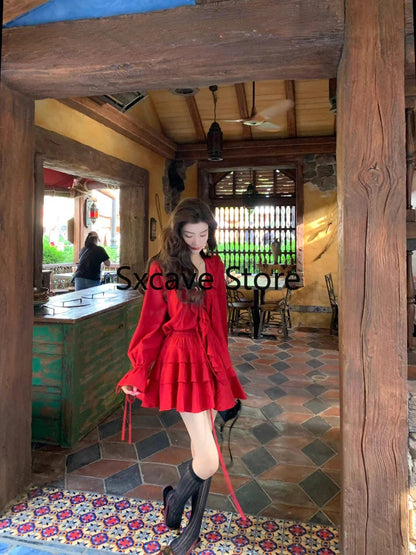 Autumn Red 2 Piece Dress Set Women Casual V-Neck Y2k Crop Tops + Mini Skirts Even Party Clothing Korean Style Fashion Suits