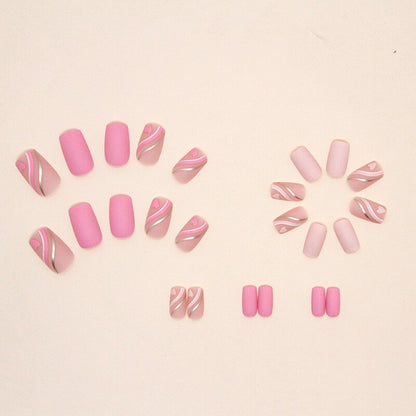 24Pcs Square Head False Nails with Glue Pink Wavy Line Design Fake Nails Artifical Finished Press on Nails Full Cover Nail Tips