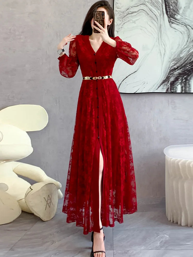 maoxiangshop Designer Fashion Autumn Dress Women Sexy V Neck Full Sleeve Red Lace Hollow Out Flower Elegant Long Dresses With Belt