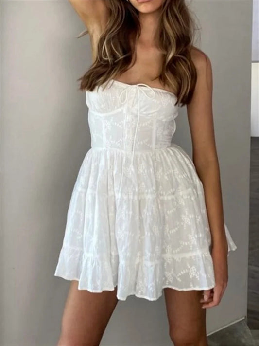 maoxiangshop Women Summer A-line Mini Dress Lace Strapless Off Shoulder Tie-Up Buttons Dress Fashion Backless Female Vestidos