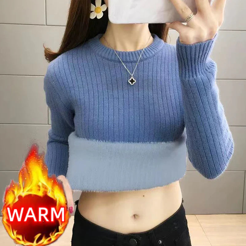 maoxiangshop Turtleneck Winter Sweater Women Elegant Thicken Velvet Lined Warm Sueter Fleece Knitted Pullover Slim Top Jersey Knitwear Jumper