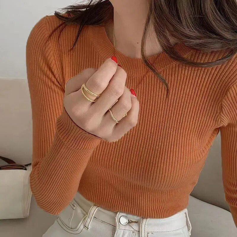 maoxiangshop Sweater Women Pullover Autumn Winter Basic Slim Fit O-Neck Knitted Sweaters Female Solid Ribbed Long Sleeve Jumpers Top