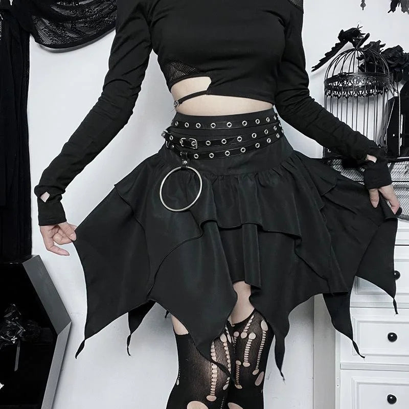 maoxiangshop Steampunk Gothic Punk Women's Asymmetrical High Low Irregular Hem Elastic Waist Zipper Mini Skirt with Concave Waist Chain