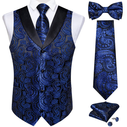 maoxiangshop Brand Suit Vest Set For Men Luxury Silk Black Gold Paisley Dress Vest Tie Cufflinks Handkerchief Set Male Sleeveless Waistcoat