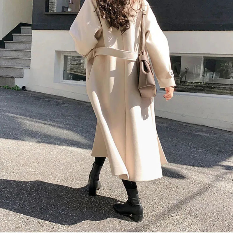 maoxiangshop Winter Korean Women Faux Woolen Coats Fashion Elegant Solid Belt Thickening Long Jacket Female Loose All Match Blends Outwear