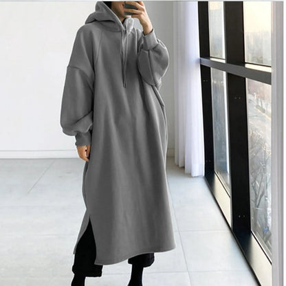 maoxiangshop New Fashion Hooded Sweatshirts Dress Women Casual Solid Long Sleeve Maxi Dresses Winter Clothes Vestidos Warm Robe Femme