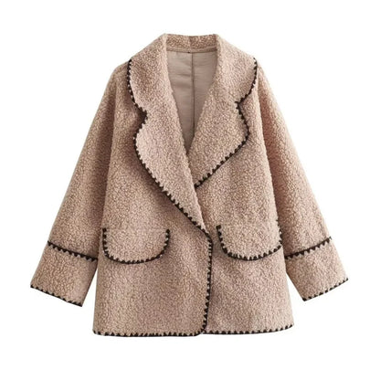 maoxiangshop  -  Elegant Solid Lapel Lamb Wool Wram Jacket Women O Neck Long Sleeves Slim Pocket Coats 2024 Autumn Winter Fashion Warm Outerwear