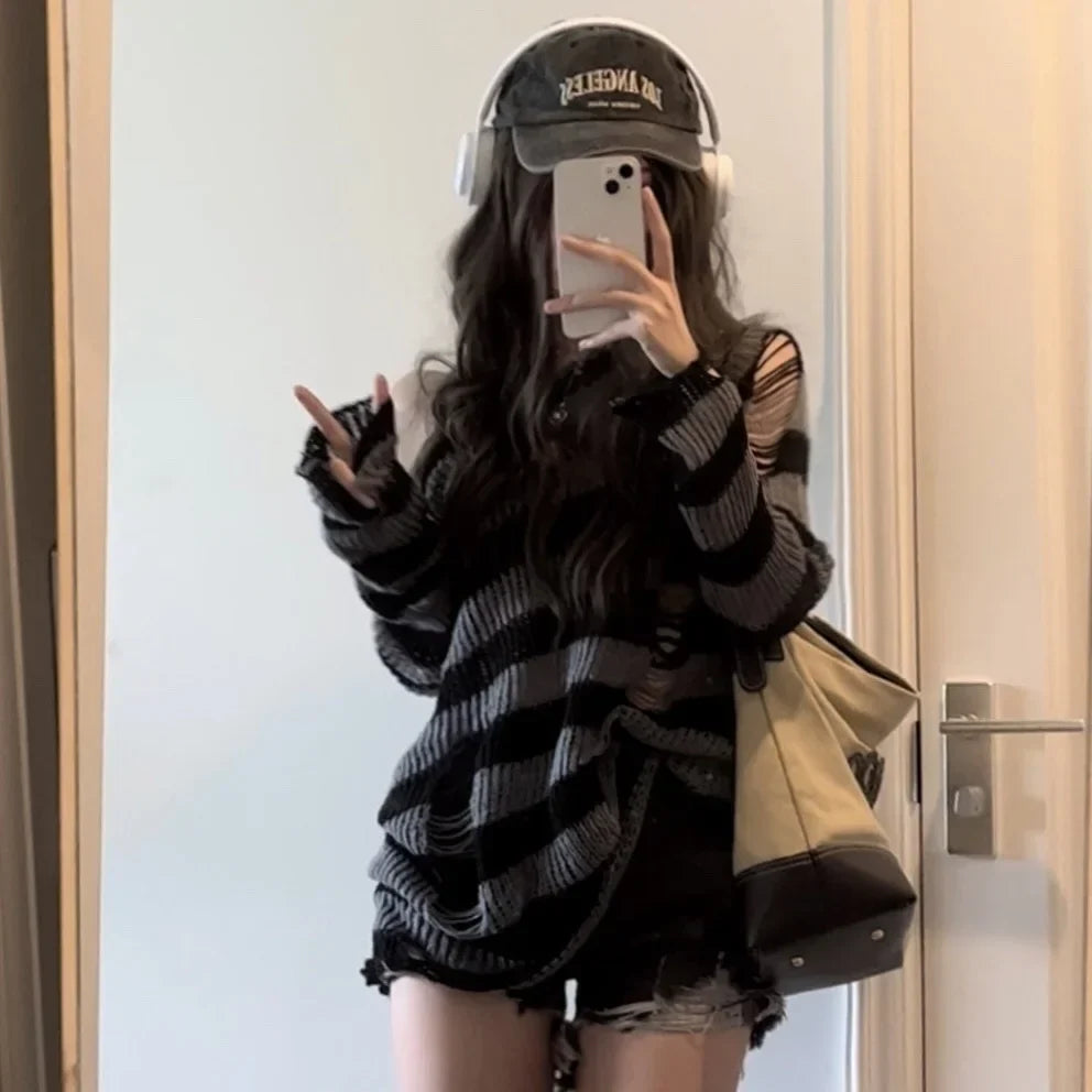 Y2K Oversized Sweater Thin Striped Knitted Gothic Streetwear Grunge Aesthetic Slytherin Pullovers Punk Jumper Hole Tops E-girl