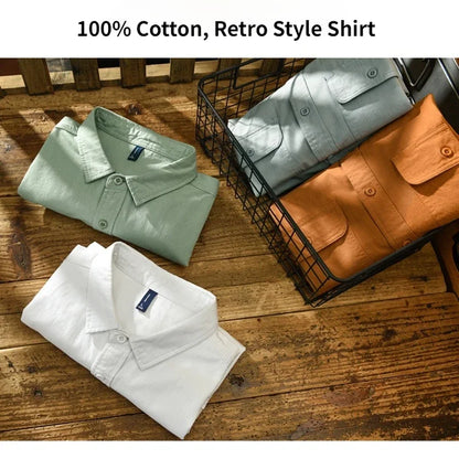 maoxiangshop Spring and Autumn New Men Men's White Long Sleeve Shirt Pure Cotton Retro Style Button Up Pocket Male White Clothes Top