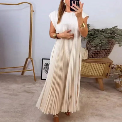 maoxiangshop Solid Color Loose Swing Sleeveless Long Dress Female Round Collar Basic Pleated Dress Spring Summer Casual Wome Beach Boho Robe