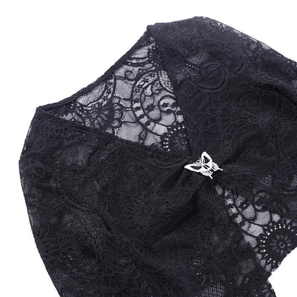 maoxiangshop Dark Lace See Through Mall Gothic Women T-shirts Emo Sexy Grunge Aesthetic Flare Sleeve Crop Tops Y2k Black V-neck Alt Tees