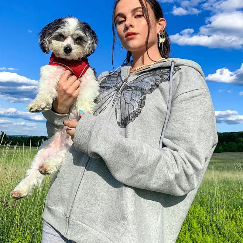 maoxiangshop  -  2024 Women's New All-match Casual Top Female Solid Pullover Woman Butterfly Print Long Sleeve Hooded Sweatshirt for Fall/winter