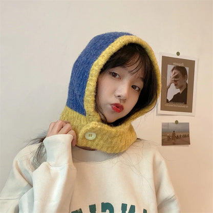 maoxiangshop Japanese Retro Balaclava Hat Winter Women Scarf Hat Set Neck Cold Proof Warm Knit Cap Female Fashion Color Matching Women's Hats