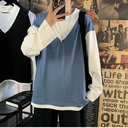 maoxiangshop Fake Two Piece 100% Cotton Spring Autumn Harajuku Long Sleeve Men T Shirt Casual Korean Fashion Oversized Woman Top 2022 Trend