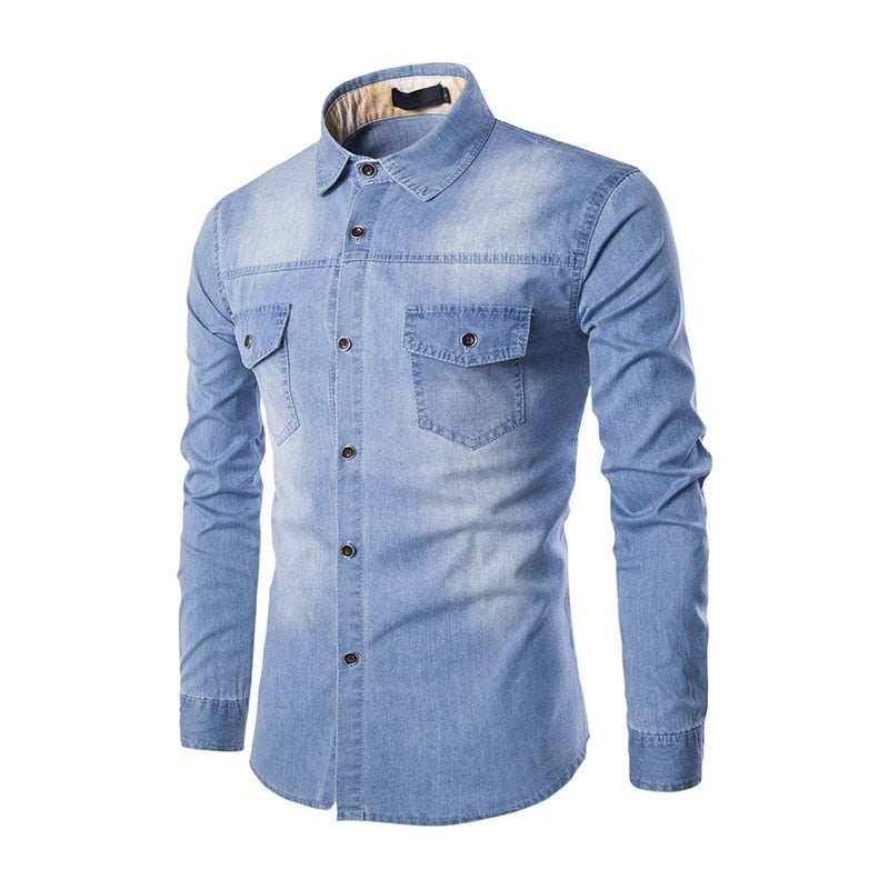 maoxiangshop Fashion Mens Denim Shirt Long Sleeve Plus Size Cotton Jeans Cardigan Casual Slim Fit Shirts Men Two-pocket Tops Clothing M-6XL