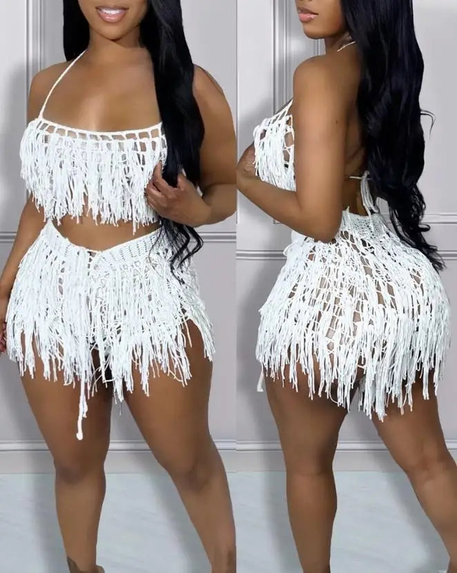 maoxiangshop Sexy Womens Two Piece Sets Outfit Spaghetti Strap Crop Crochet Top & Tassel Design Shorts Set New Fashion Summer Casual