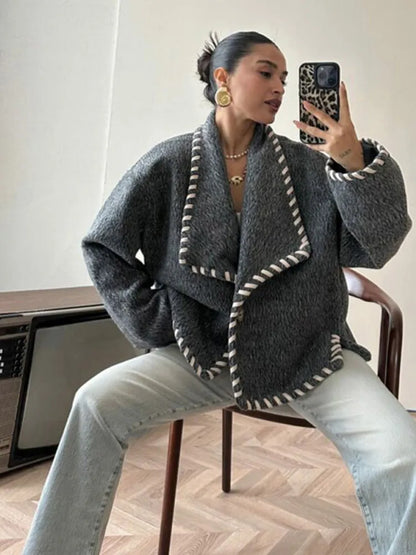 maoxiangshop  -  Wool Coat Women Plush Jackets Chic Laple Patchwork Long Sleeve Short Fleece Top 2024 Autumn Winter Fashion New Lady Streetwears