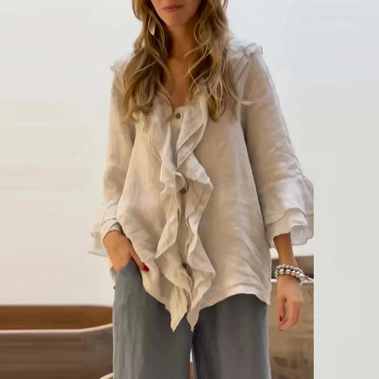 maoxiangshop  -  Autumn Casual Loose 3/4 Flying Sleeved Blouse Retro Solid Single Breasted Office Clothing Elegant V Neck Ruffles Women Pullover
