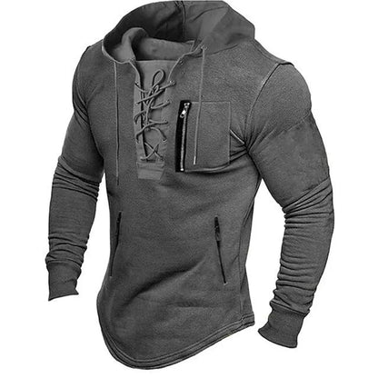 maoxiangshop Men Autumn Spring Top Lace Up Drawstring Solid Color Long Sleeve Zipper Pockets Pullover Streetwear Men Mid Length Hoodie