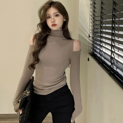 maoxiangshop Turtleneck Off Shoulder Long Sleeve T-shirt Women's Thin Velvet Slim Bottom Shirt Spring and Autumn Korean Style Hollow Out Tops