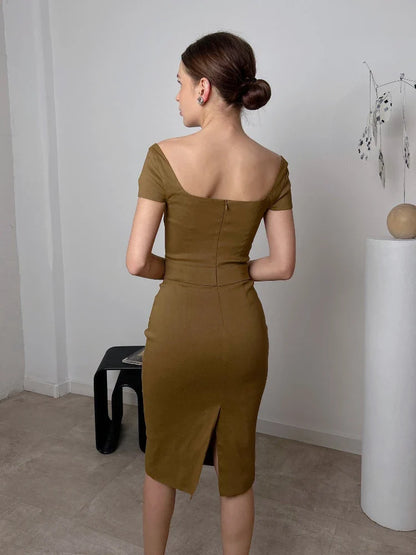 Elegant Knee Length Midi Dress Olive Green One Piece Women Dress Slim Square Neck and Cape Sleeve Office Lady Dress