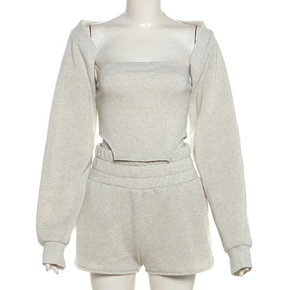 maoxiangshop  -  2024 Fall Winter Women Solid Sweatsuits 3 Piece Set Strapless Tanks Top + Long Sleeve Cardigans + Shorts Casual Streetwear Suits