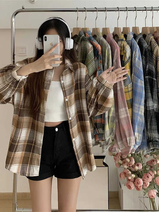 maoxiangshopPlaid Shirt Women Autumn Long��Sleeve Top Female Vintage Fashion Single Breasted Blouse Ladies Preppy Style Loose Check Shirts
