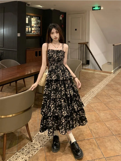 Y2k Korean Style One Piece Floral Dress Women Vintage Elegant Layered High Waist Black Long Slip Fairy Dresses Summer