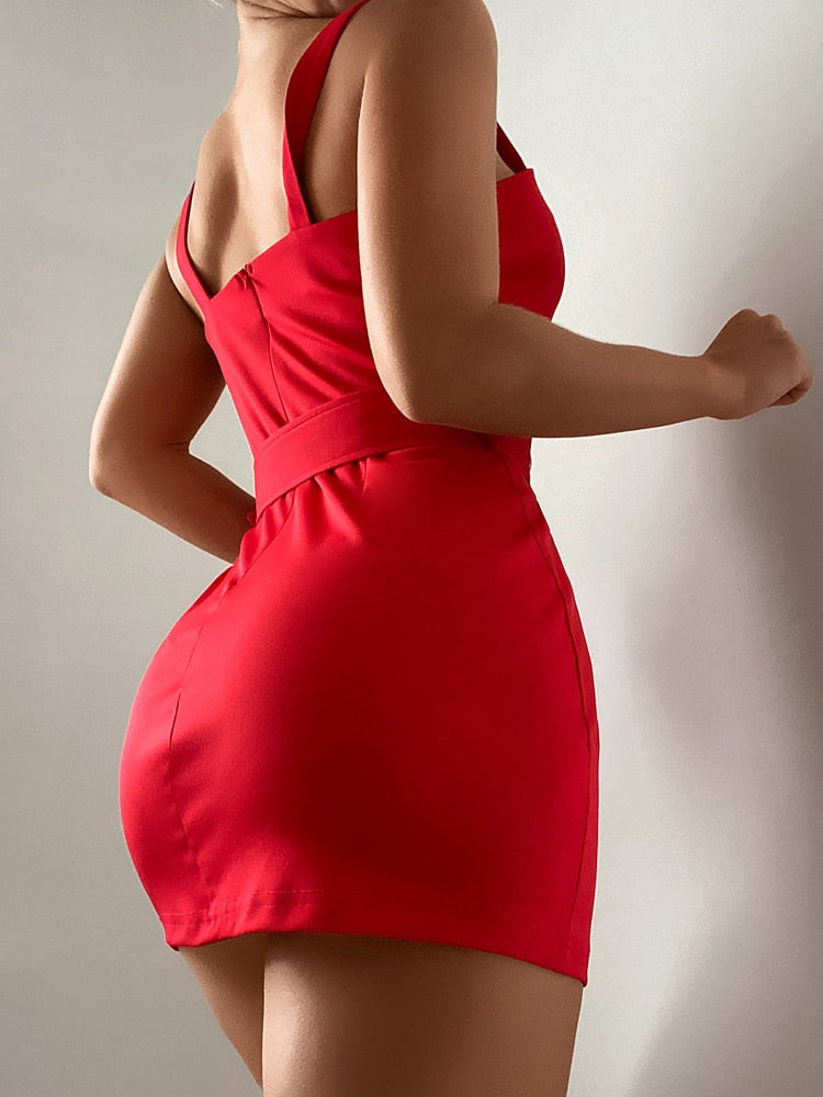 maoxiangshop Women Fashion Red Boydon Mini Party Dress Slim Fit Sexy Short Dress Thick Strap Bodycon Mini Dress