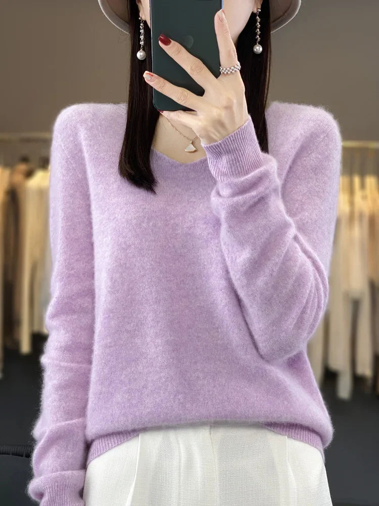 maoxiangshop Pure Wool V-Neck Sweater Women's Short Autumn And Winter All Loose And Thin Pullover Sweater Base Shirt Solid Color Authentic