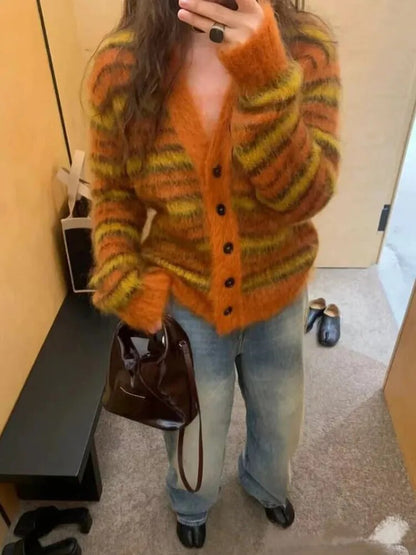 maoxiangshop Striped Cardigan Fuzzy Wuzzy Border Cardigan V-Neck Button Up Knitted Sweater Jacket Women Unisex Autumn Winter