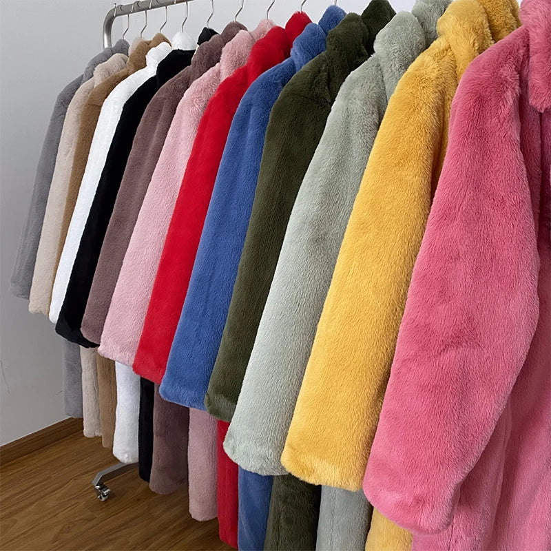 maoxiangshop  -  Luxury Winter Long Overcoats Women Oversized Lapel Belted Faux Rabbit Fur Coat Jacket Female Plus Size Outerwear Plush Fur Coats