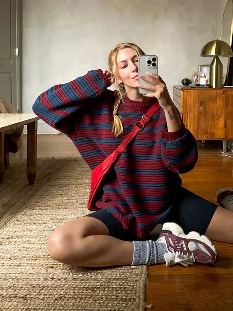 maoxiangshop -  Round Neck Contrasting Striped Sweater Women Loose Long Sleeved Warm Pullover Autumn Fashion Female Casual Jumper