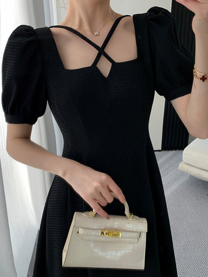 maoxiangshop Summer Women Fashion Elegant Casual Solid Puff Sleeve Midi Dresses Evening Office Lady Female A Line Clothes Vestdios Black