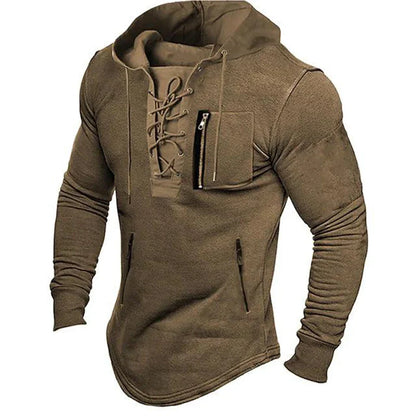 maoxiangshop Men Autumn Spring Top Lace Up Drawstring Solid Color Long Sleeve Zipper Pockets Pullover Streetwear Men Mid Length Hoodie