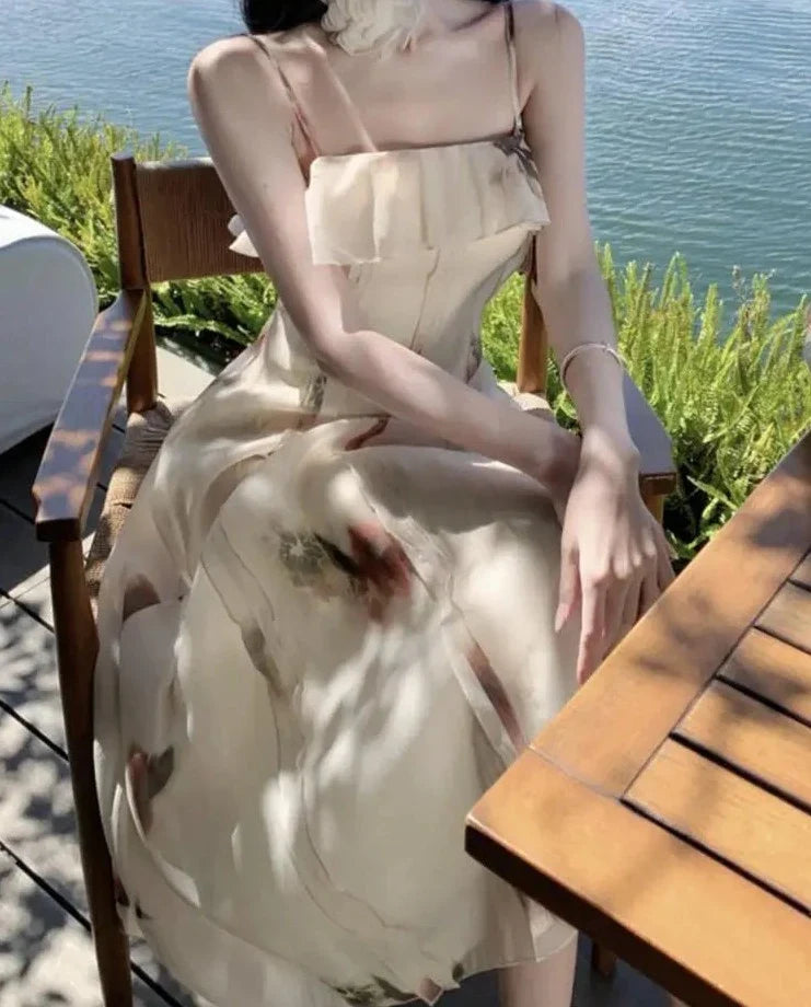 Elegant Ruffles Floral Midi Dresses Summer New Fashion Spaghetti Strap A-line Beach Vestidos Women Holiday Sundress Clothing