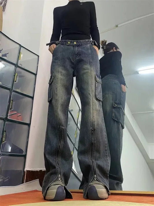 maoxiangshopFlared Wide Leg Cargo Jeans for Women Y2k Pants High Waist Vintage Baggy Jeans Oversize Trousers Split Fashion Streetwear