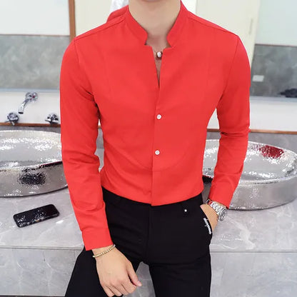 maoxiangshop Mens Long Sleeve Shirt High Quality Stand Collar Casual Slim Solid Color Summer Fashion Men's Clothing Shirt Oversized Size 5XL