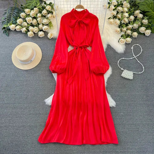 maoxiangshop Frenchic Vintage Long Dress Women Lace-up Bow Collar Lantern Sleeve Female Vestidos De Mujer Spring Elegant Dresses