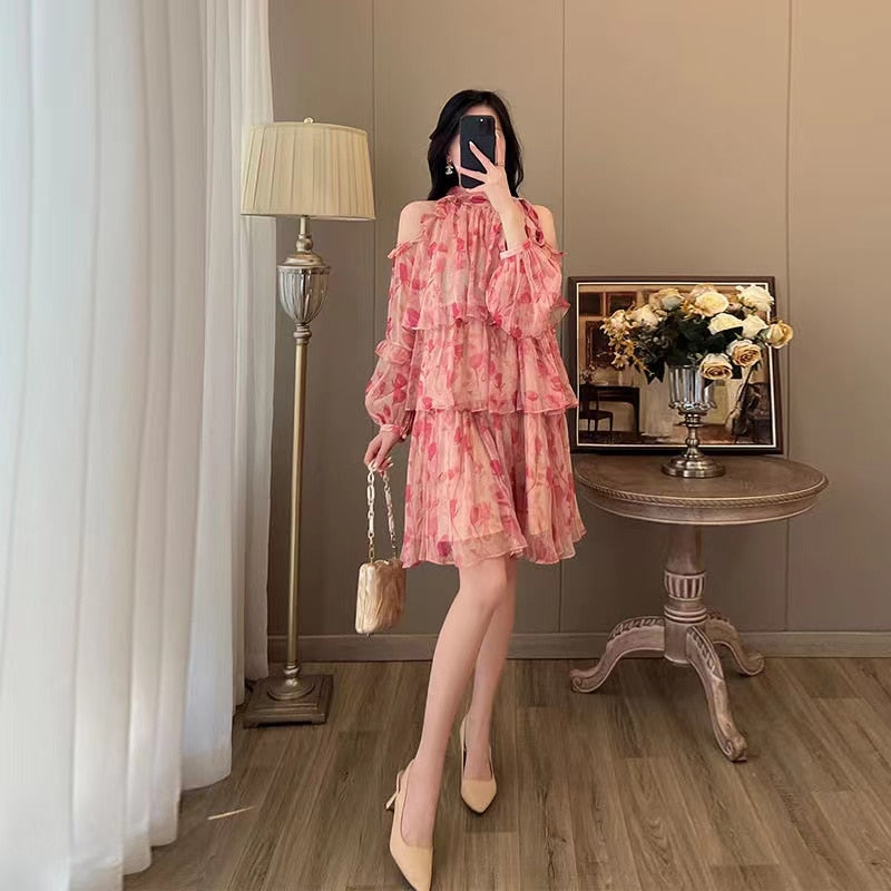 Lantern Sleeve Summer Dress New French Style Floral Dress for Women Sweet Elegant Tierred Knee Length Mini Dress