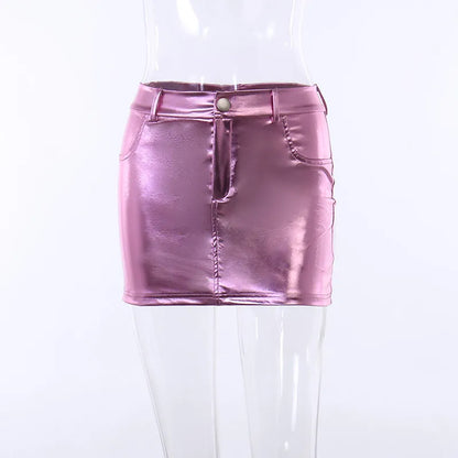 maoxiangshop Y2k Pink Metallic Fashion Hot Girls Short Skirt Pockets Slim Fit Bright High Waist Korean Fashion Halfskirt Women Clothing