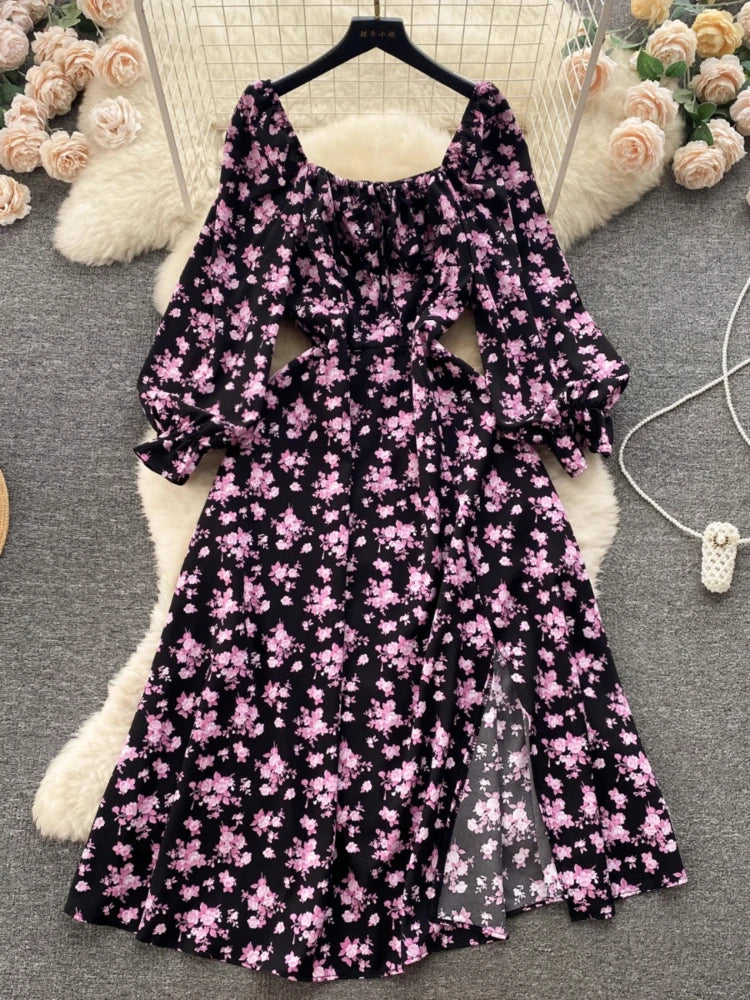 French Floral Casual Dress Women Vintage Square Neck Bubble Long Sleeved Beach Dresses Ladies Split Summer Boho Long Robe