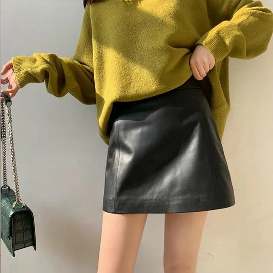 maoxiangshop Leather Skirt Women Fashion New High Waist Skirt Spring Autumn Slim Mini Skirt Genuine Leather Shorts Boots Y2k