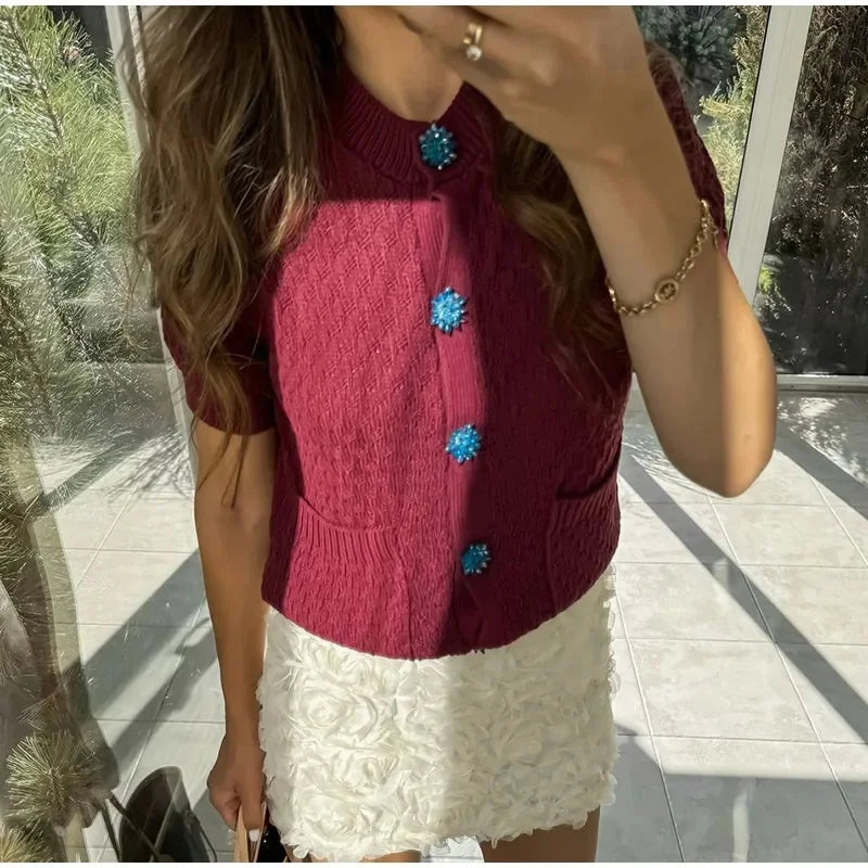 maoxiangshop  -  Knitted Short Cardigan Women Casual Single Breasted Sweater Female 2024 Autumn Sweater Short Sleeve Knitwear Coat