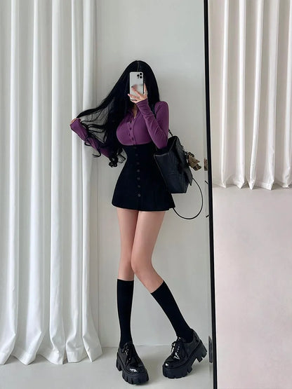 maoxiangshop Sexy Polo Collar Single Breasted Long Sleeve T-shirt Hanging Neck Wrap Hip Dress Short Skirt Set Fashion Women