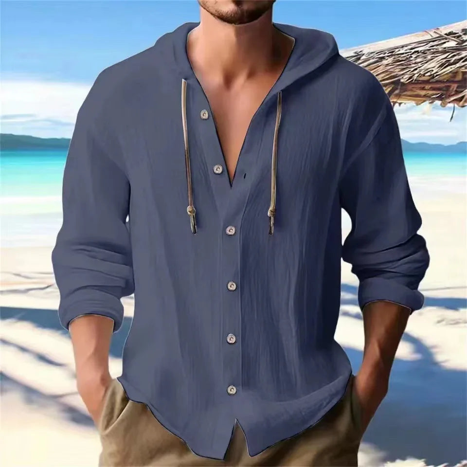 maoxiangshop Summer Men's Linen Shirt Solid Streetwear Long Sleeve Hoodie Cardigan Clothing For Men Button Tops Casual Loose Men Hooded Shirt