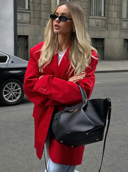 maoxiangshop  -  Autumn Red Fashion Blazer Women 2024 New Single Breasted Long Sleeve Pockets Outerwear Streetwear Fashion Casual Jackets Female
